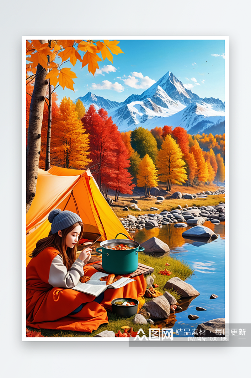秋季冬季女孩在河边露营煮火锅看书睡觉素材