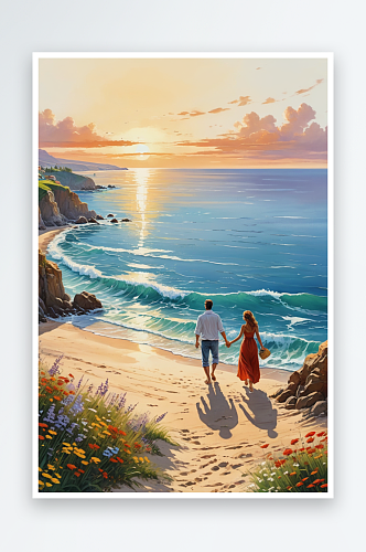 情侣在海边散步图片