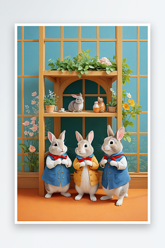 萌趣可爱的动物主题室内的三只小兔