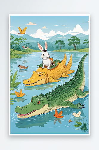 萌趣可爱的动物主题鳄鱼和兔子和鸟