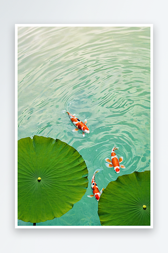 绿色背景上的水的特写镜头荷花锦鲤