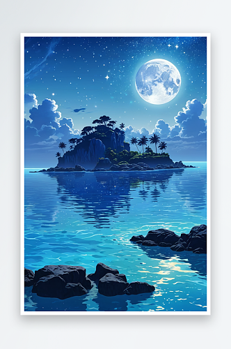蓝色星空挂着月亮海岛礁石上星光闪烁弥背景