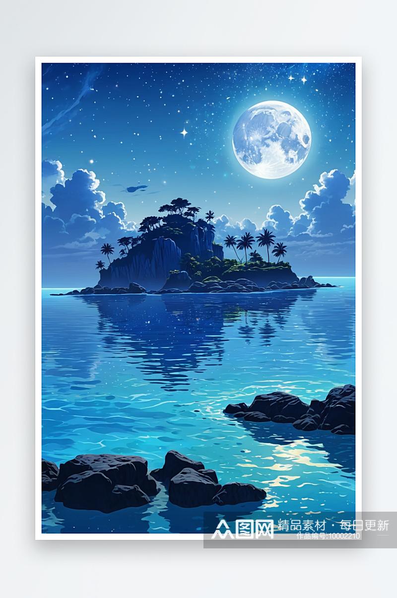 蓝色星空挂着月亮海岛礁石上星光闪烁弥背景素材