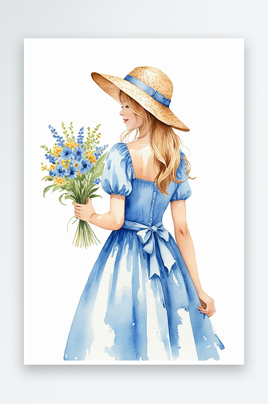 蓝色连衣裙戴草帽的少女手拿一束花水彩