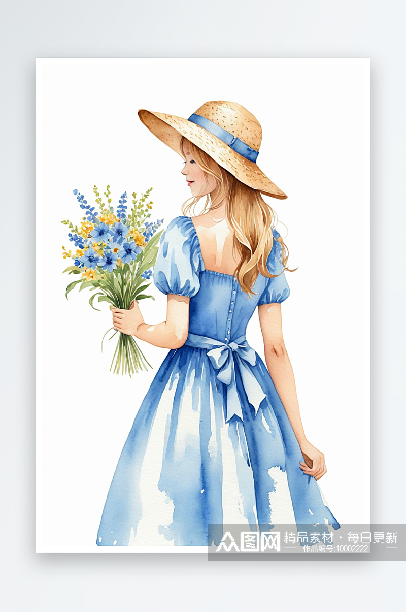 蓝色连衣裙戴草帽的少女手拿一束花水彩素材