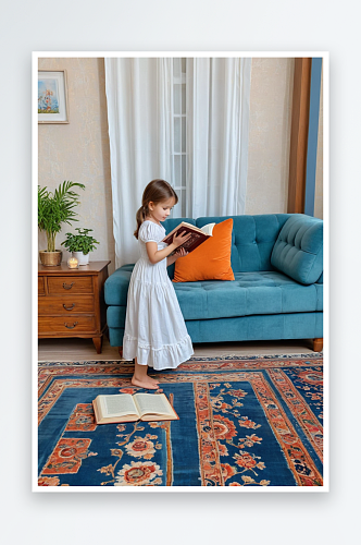 客厅里在地毯上认真看书的小女孩