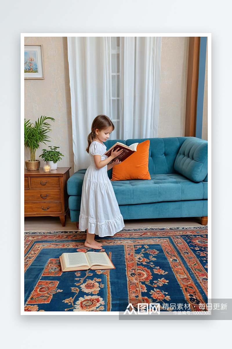 客厅里在地毯上认真看书的小女孩素材
