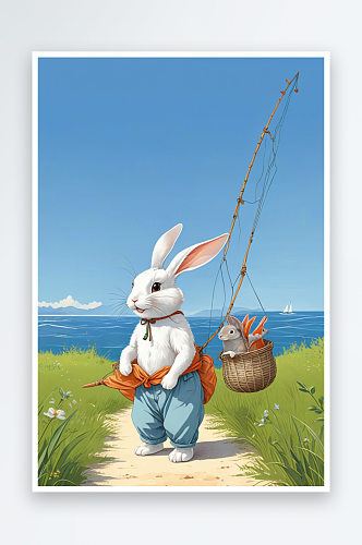 可爱有趣的动物肩膀上扛着捕鱼网的兔子