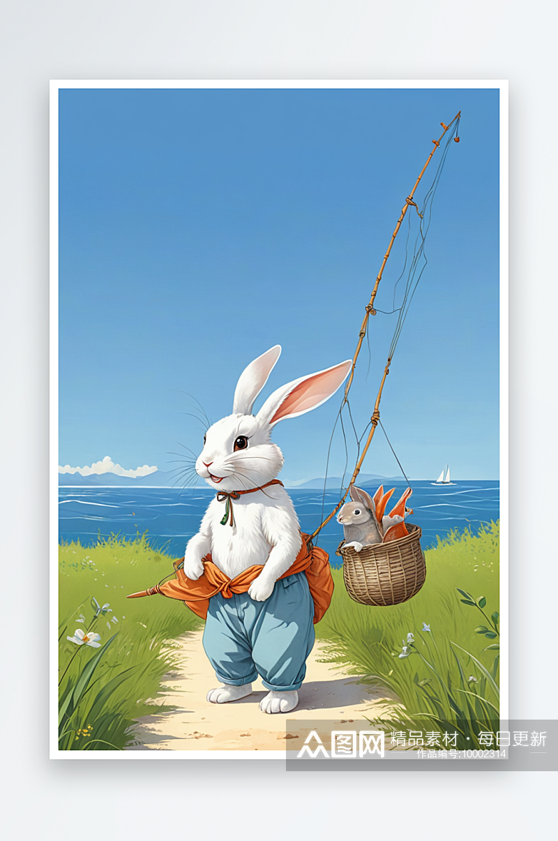 可爱有趣的动物肩膀上扛着捕鱼网的兔子素材