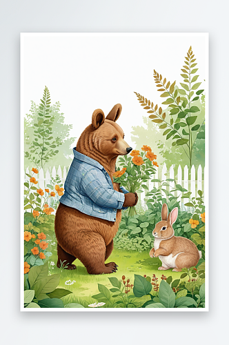 可爱有趣的动物花园里提着树叶的棕熊和兔子