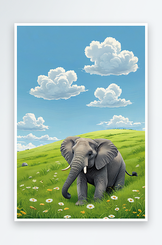 可爱有趣的动物草地上的一只大象