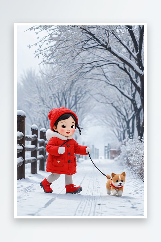 可爱的小女孩冬天遛狗下雪小寒节气