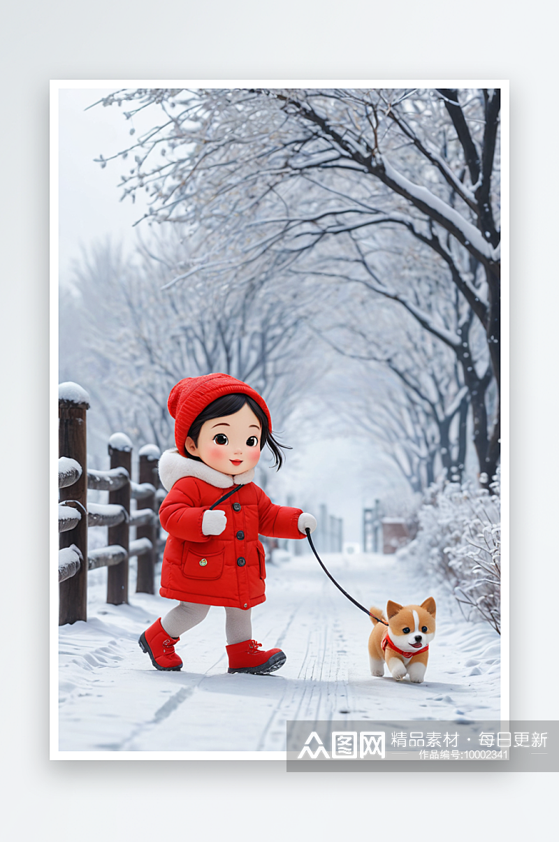 可爱的小女孩冬天遛狗下雪小寒节气素材