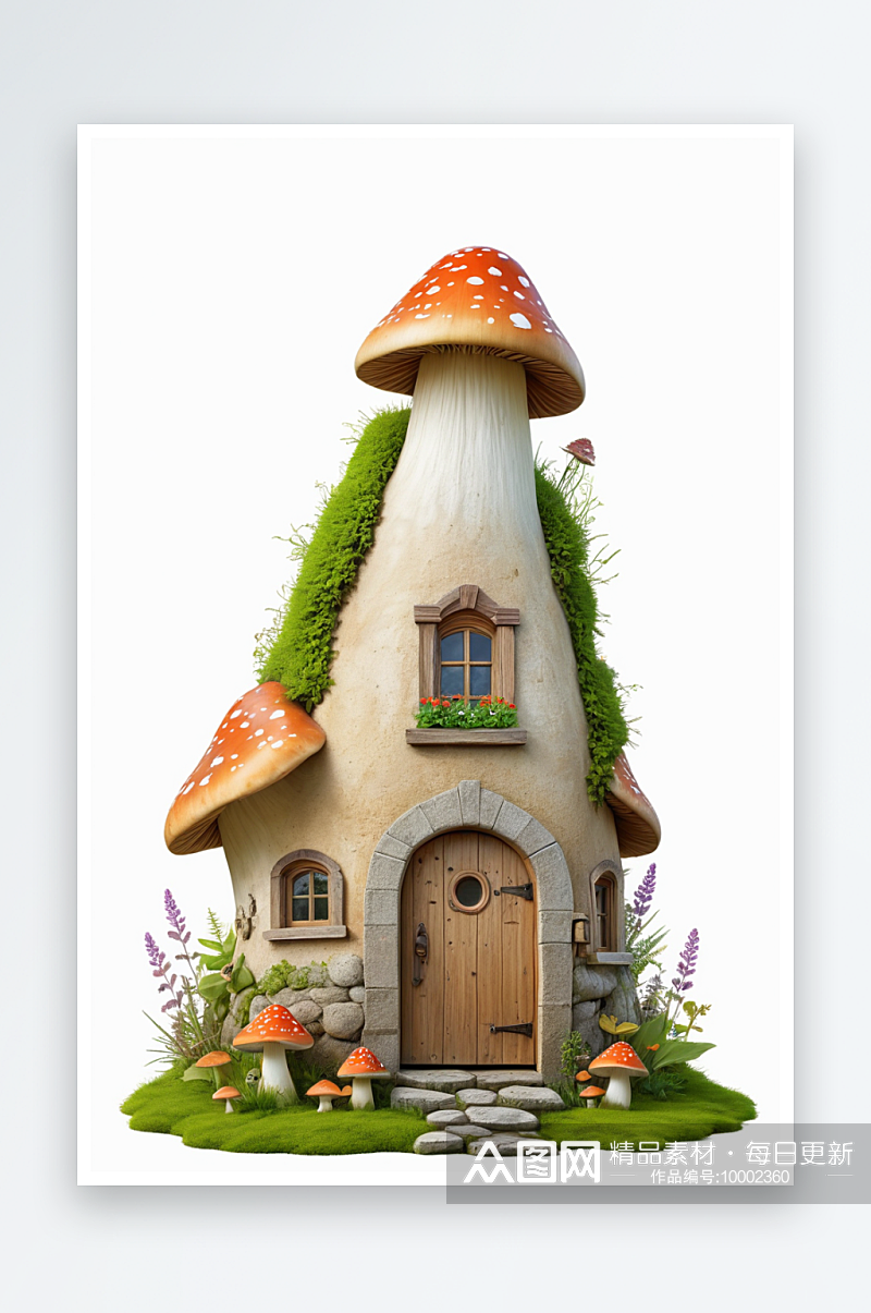 可爱的大蘑菇屋小窗户和木门苔藓背景和小真素材