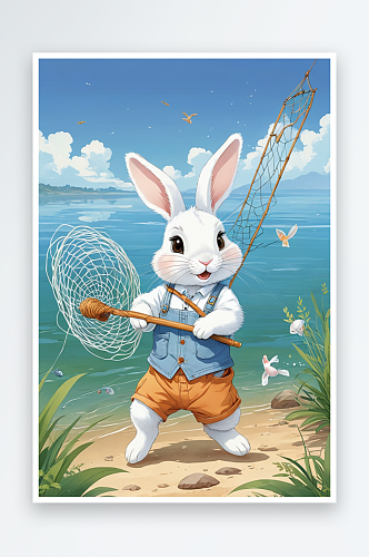 扛着渔网的小兔萌趣可爱的动物儿童