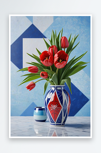 花瓶里的红色郁金香衬着蓝色几何图案的背景