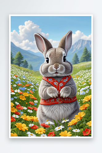 花丛中的可爱小灰兔萌趣可爱的动物儿童