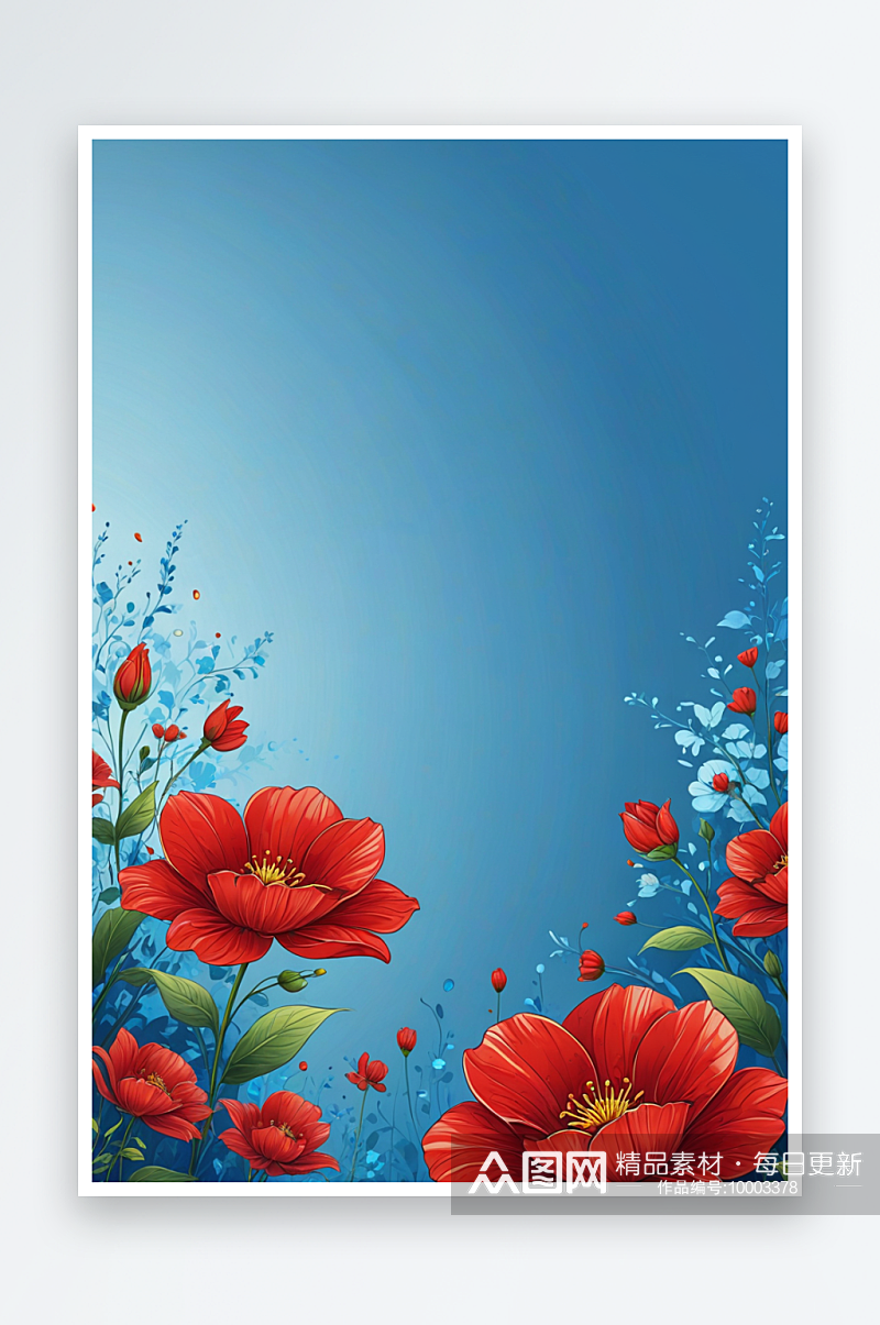 红色的花盛开在蓝色的背景素材