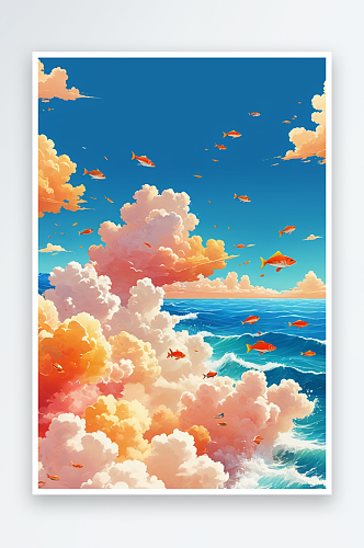 海边有彩色的云和空中飞翔的鱼创意背景