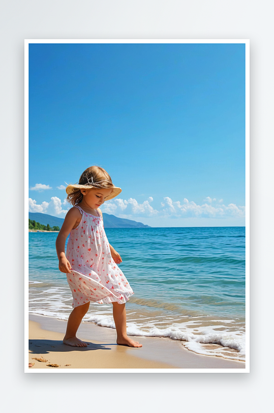 海边沙滩小女孩光脚玩耍