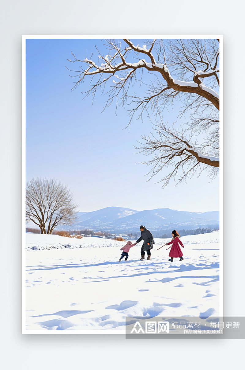 二十四节气的冬天父女在雪地玩耍素材