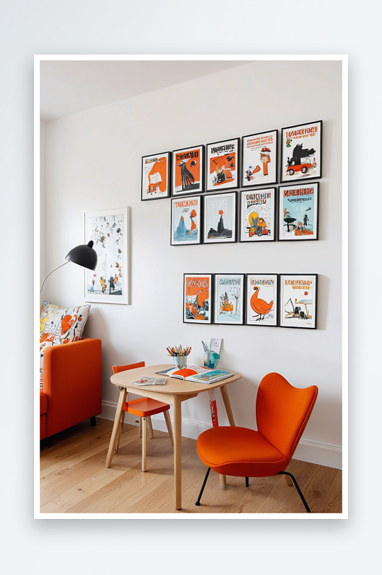 儿童书籍在壁挂式书架上漫海报和大胆的橙色