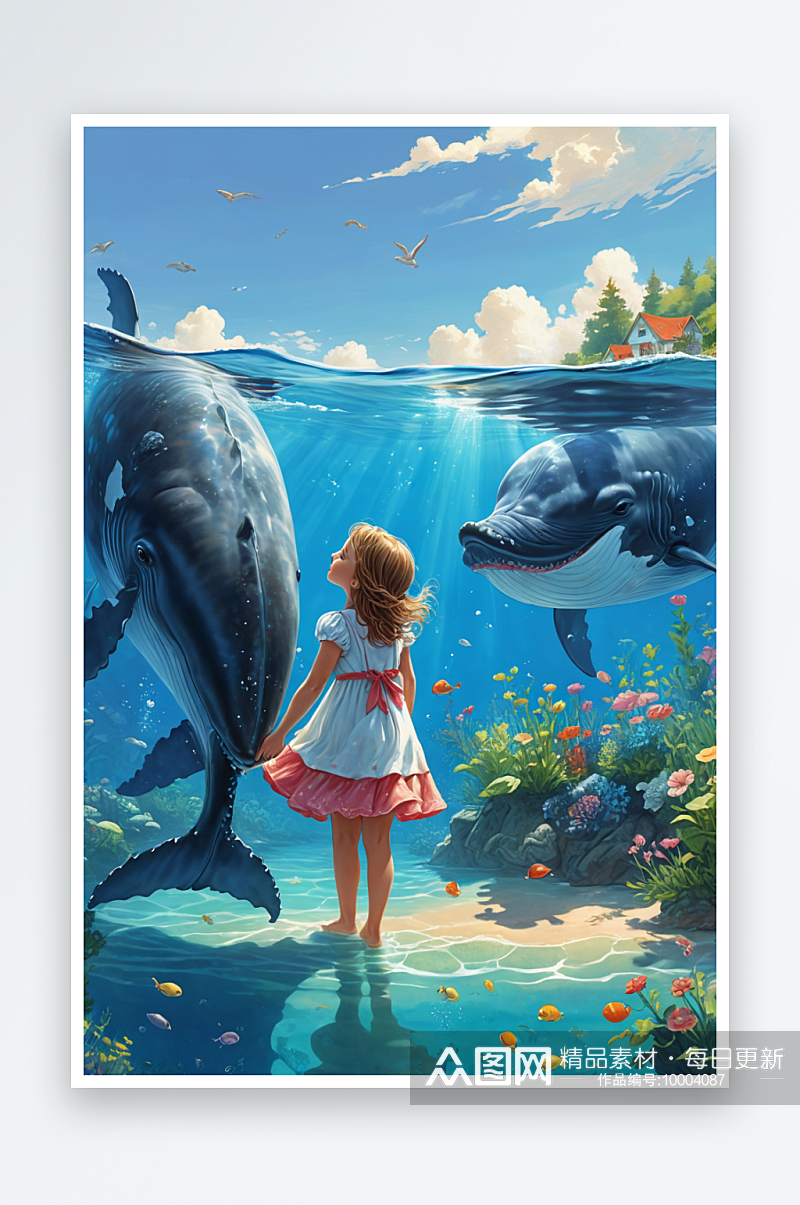 儿童亲吻鲸鱼的小女孩素材