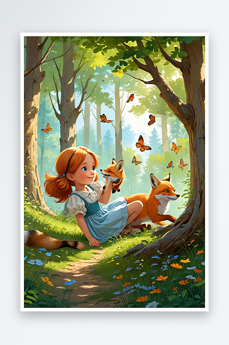 儿童女孩森林与狐狸一起抓蝴蝶玩耍度过夏天
