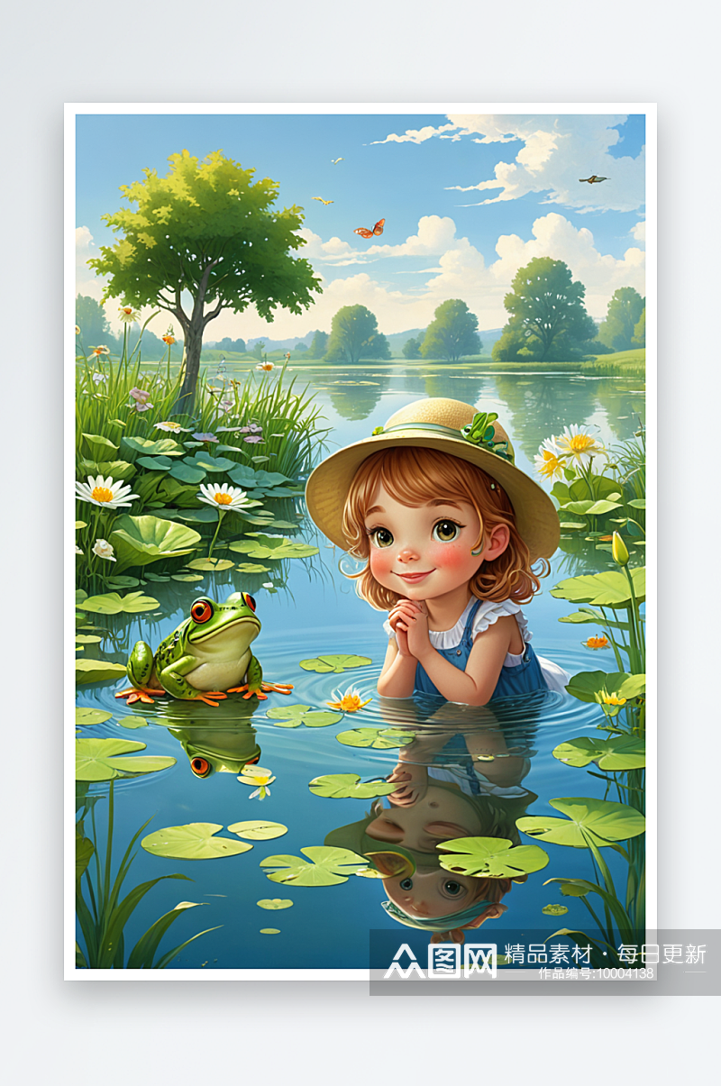 儿童池塘小女孩和青蛙素材