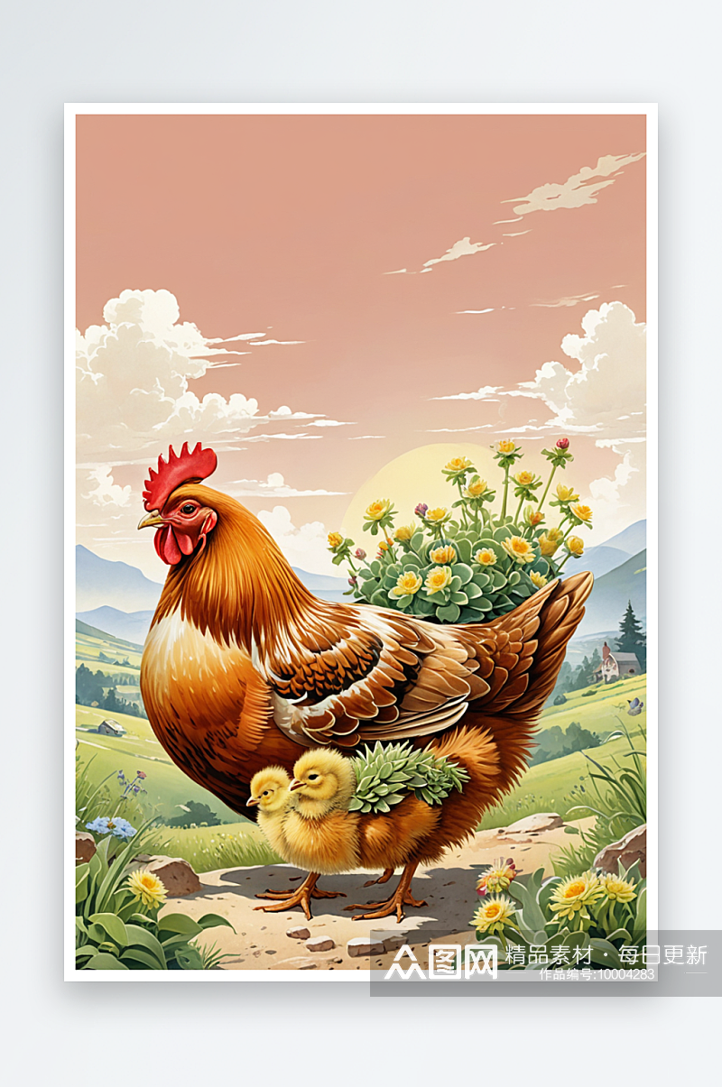 动物系列作品共幅母鸡和小鸡素材