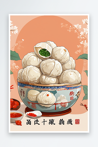 冬至节气吃汤圆煮饺子食特写风手绘无字海报