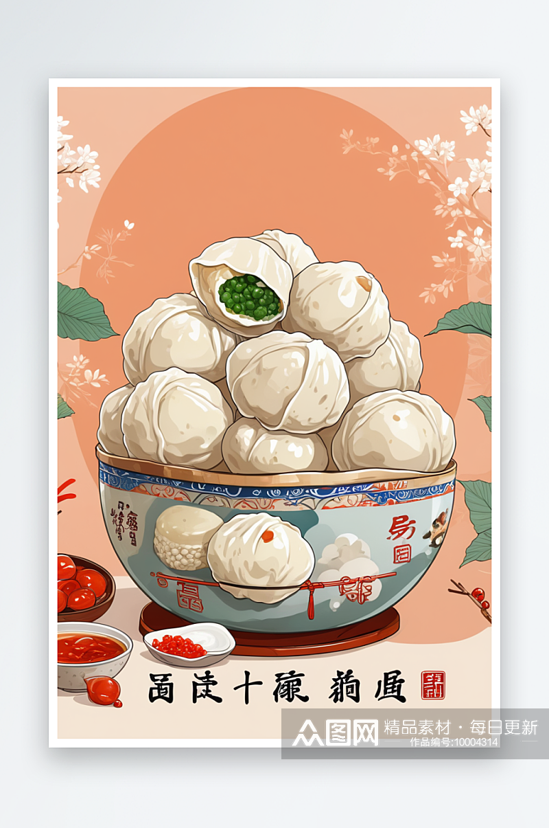 冬至节气吃汤圆煮饺子食特写风手绘无字海报素材