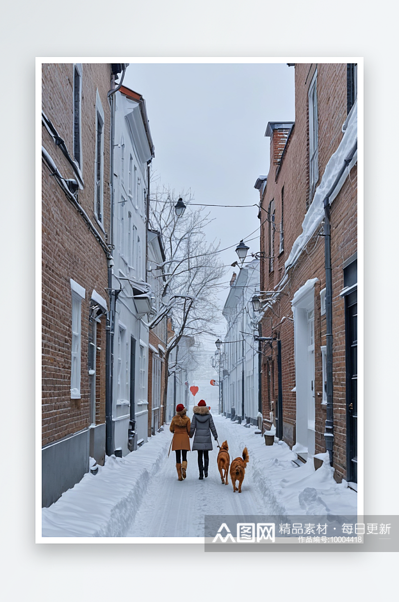 冬天城市小巷里遛狗散步的女孩素材
