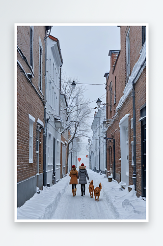 冬天城市小巷里遛狗散步的女孩