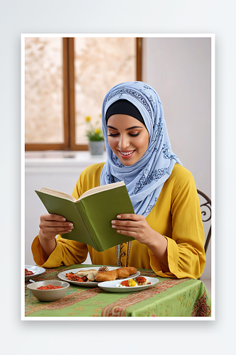 戴头巾的穆斯林妇女在餐桌上看书