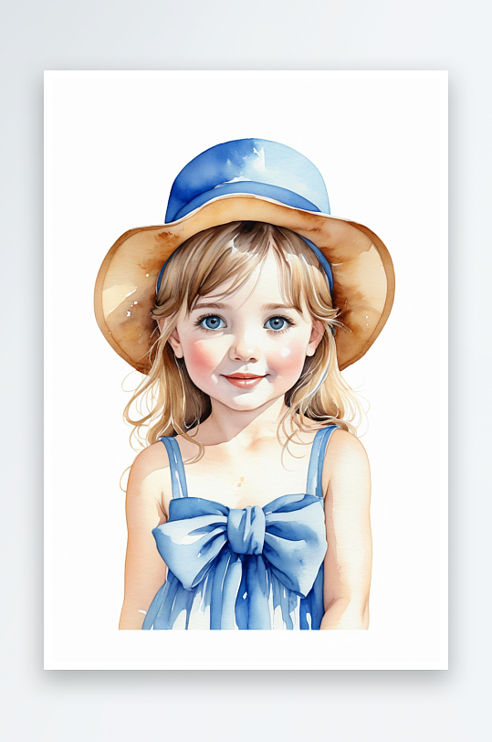 戴蓝色帽子穿蓝色吊带的小女孩水彩