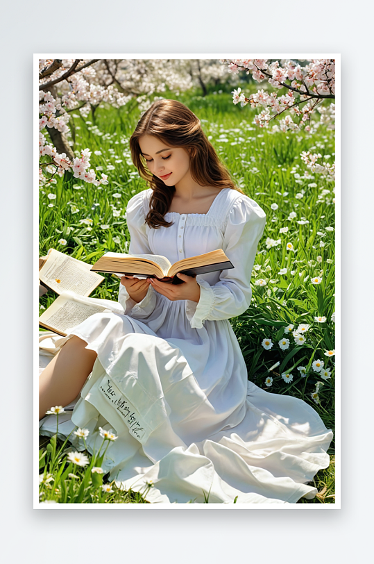 春天下阅读书籍的少女