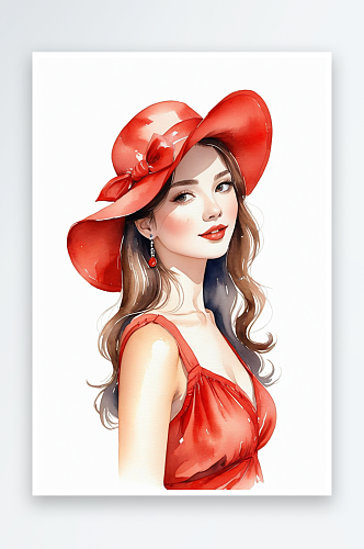 穿红色衣服戴着红色帽子的时尚女手绘水彩