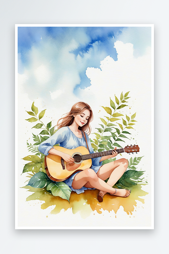 超清新唯水彩人物坐在树叶上弹吉他的女孩