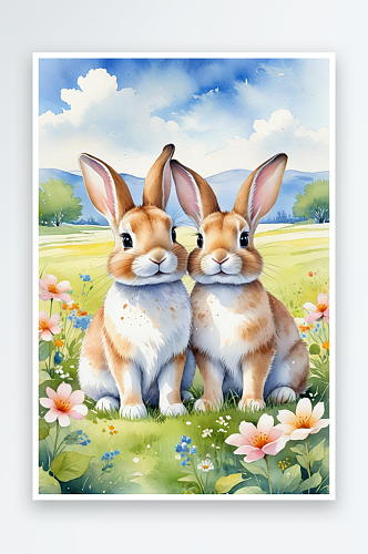超可爱唯儿童动物水彩两只可爱的兔子