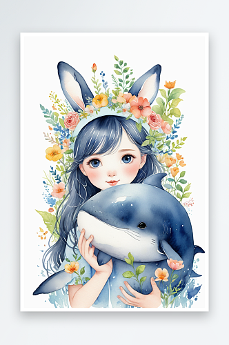 超爱的绝水彩可爱的女孩鲸鱼兔子和猫