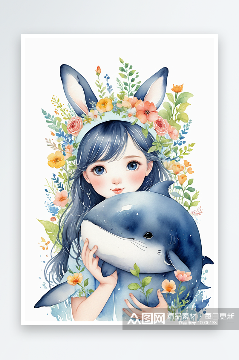 超爱的绝水彩可爱的女孩鲸鱼兔子和猫素材