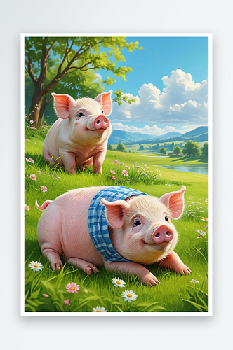 草地上的可爱小猪萌趣可爱的动物儿童