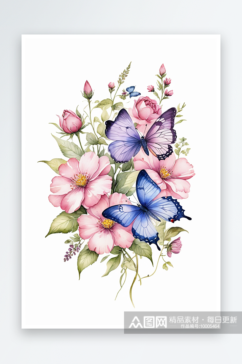 白色背景下水彩手绘粉紫红色花朵和蝴蝶的特素材