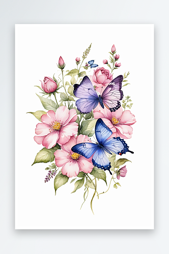 白色背景下水彩手绘粉紫红色花朵和蝴蝶的特