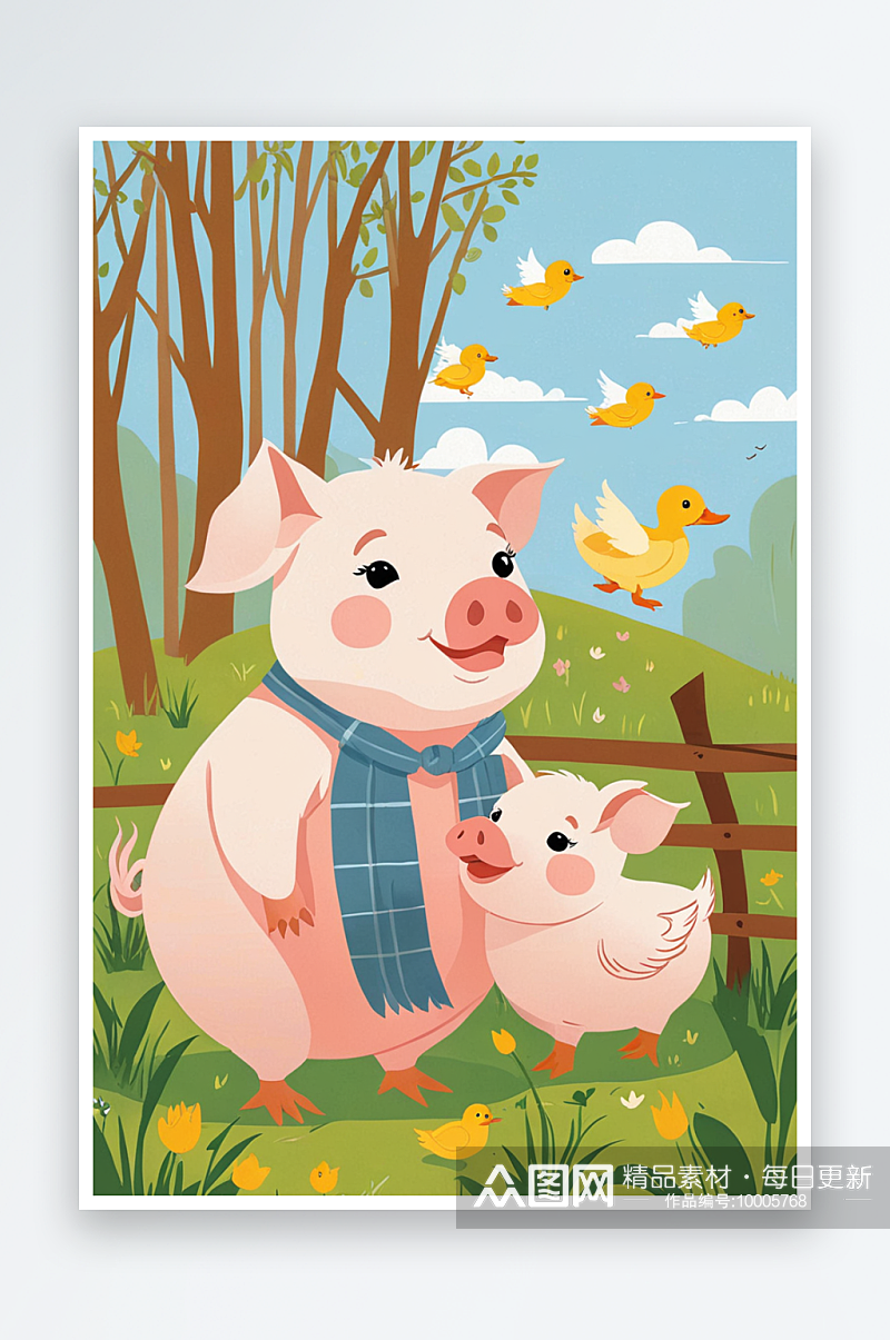 小猪和小鸭子的故事萌趣可爱的动物儿童素材