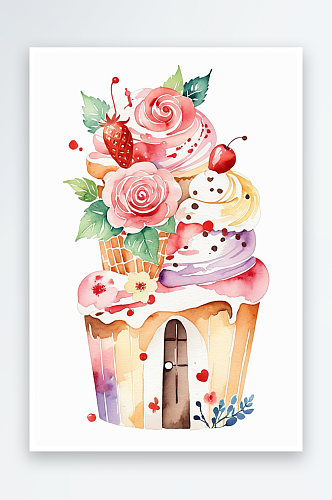 水彩童趣可爱的蛋糕冰淇淋花朵纸杯蛋糕屋
