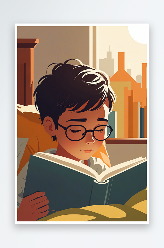 数字艺术一个男孩睡前趴在床上看书