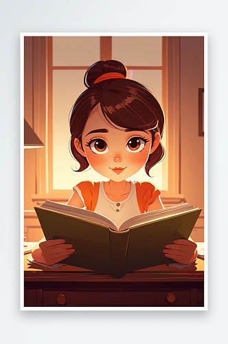 数字艺术一个卡通女孩在桌子上看书