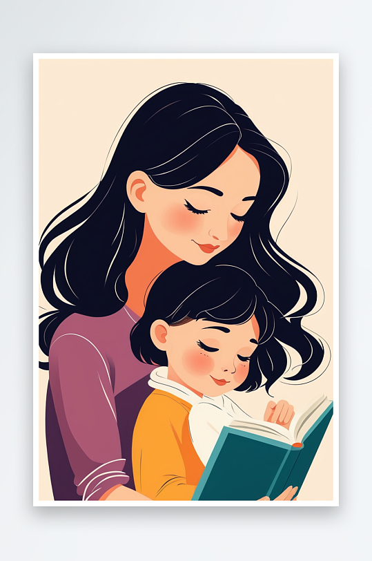 数字艺术妈妈和孩子一起看书亲子阅读概念场